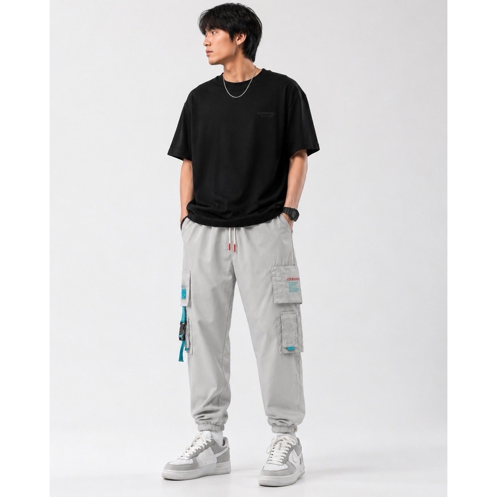 Coursemys Men's Techwear Cargo Jogger Pants Gray Utility Streetwear 27 Inseam